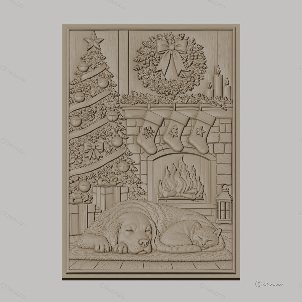 Fichier CNC & impression 3D thème de Noël, chien et chat devant cheminée avec sapin, haute qualité relief STL