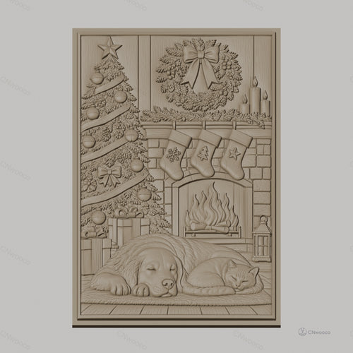 Fichier CNC & impression 3D thème de Noël, chien et chat devant cheminée avec sapin, haute qualité relief STL