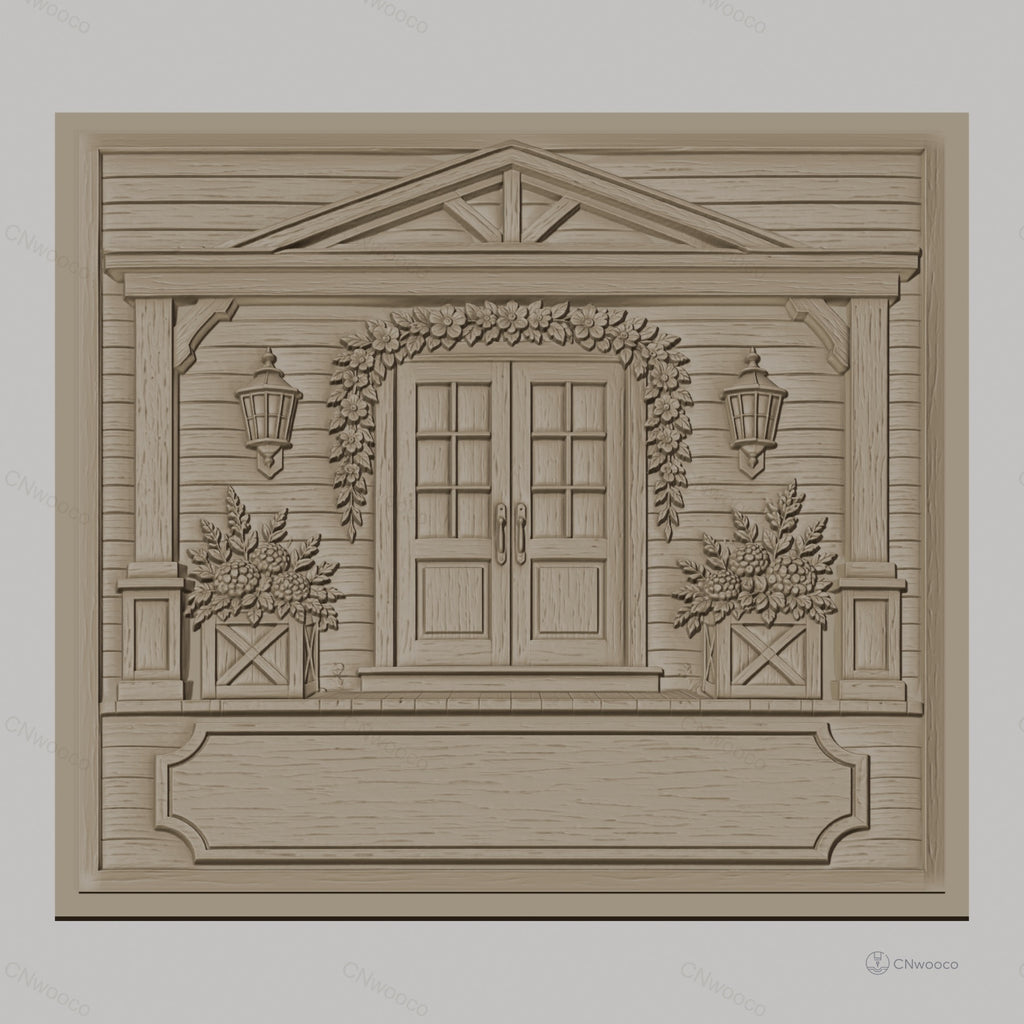 Fichier CNC & impression 3D façade de maison avec porte, fleurs, lanternes, haute qualité relief STL