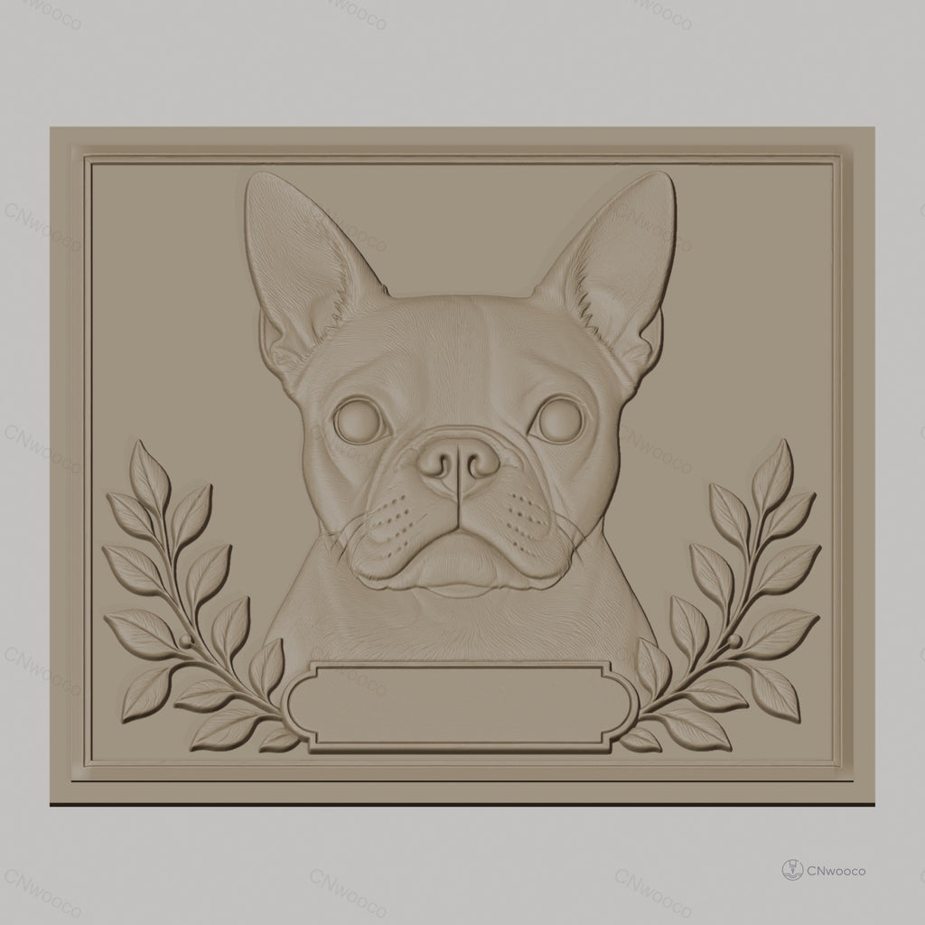 Fichier CNC & impression 3D Bouledogue français, portrait relief avec feuilles et cadre, haute qualité relief STL