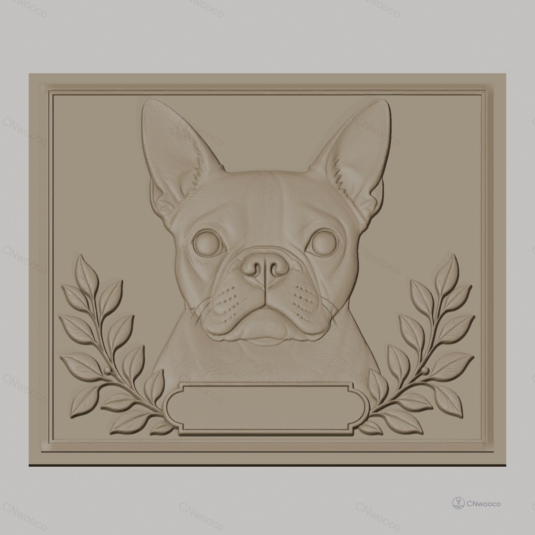 Fichier CNC & impression 3D Bouledogue français, portrait relief avec feuilles et cadre, haute qualité relief STL