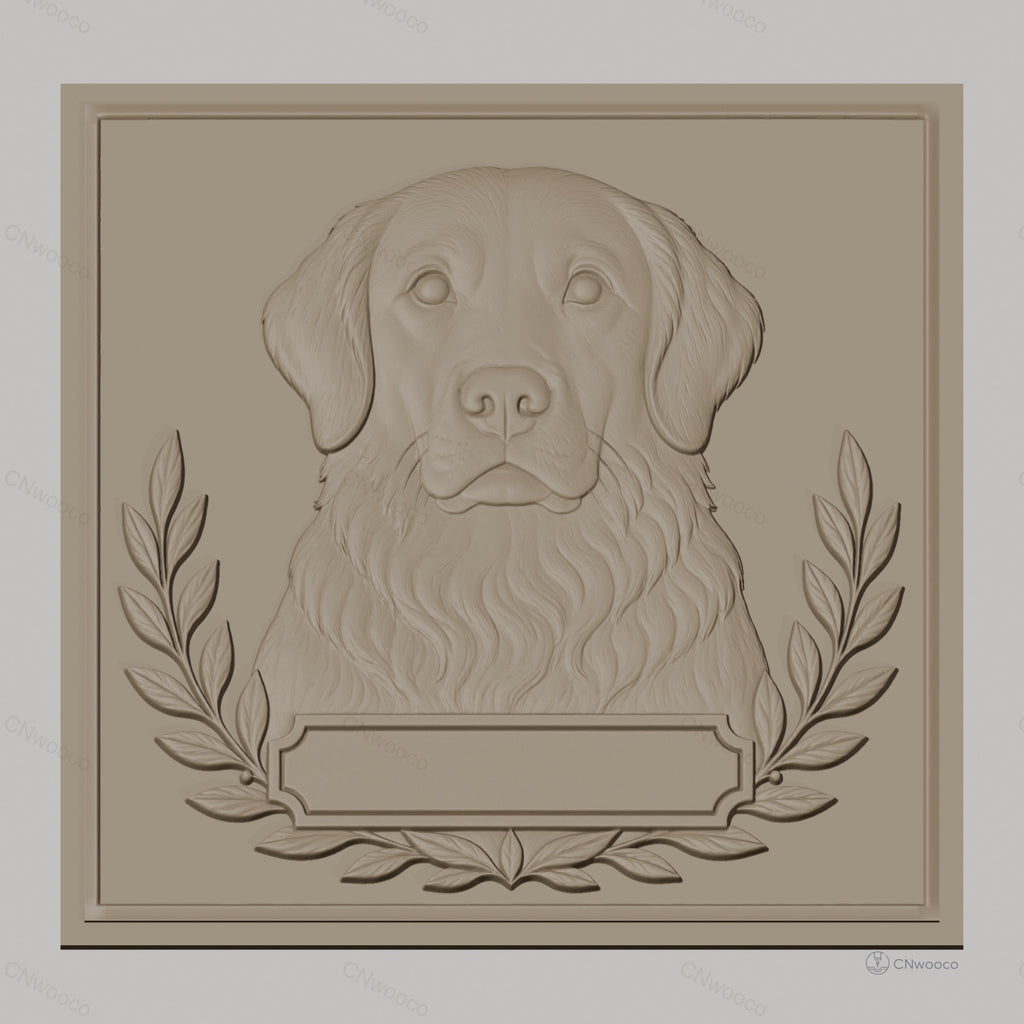 Fichier CNC & impression 3D chien golden retriever, relief portrait avec feuillage, haute qualité relief STL