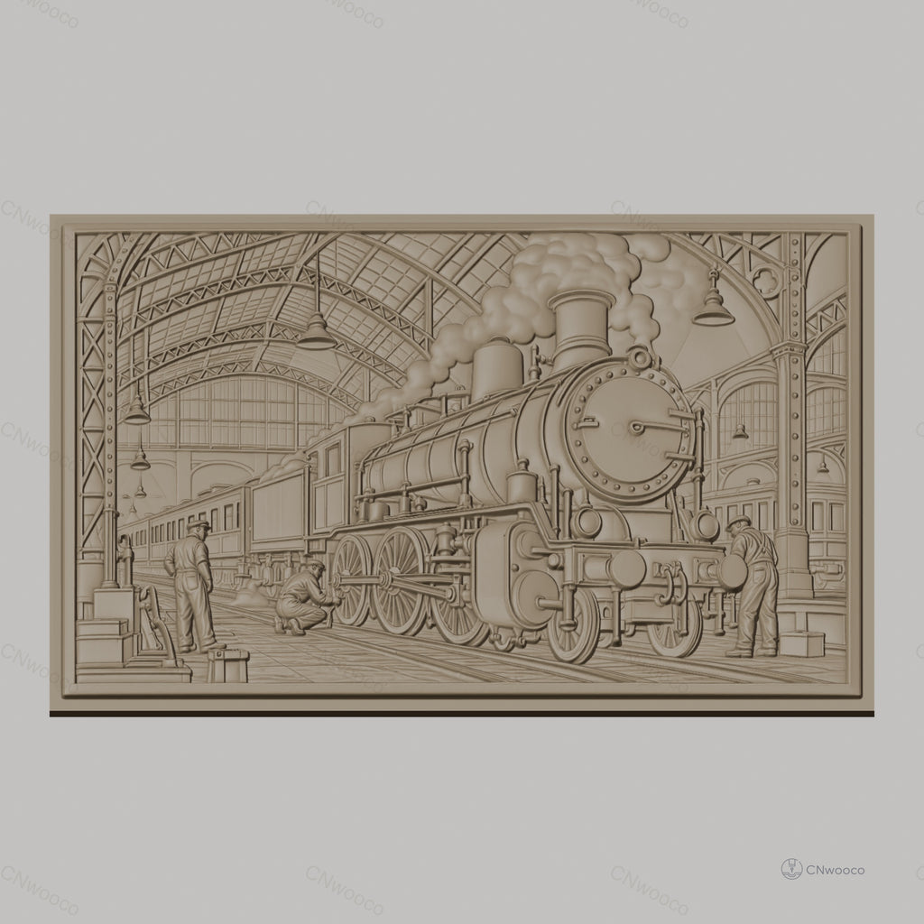 Fichier CNC & impression 3D locomotive à vapeur, gare vintage avec ouvriers, haute qualité relief STL