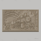 Fichier CNC & impression 3D locomotive à vapeur, gare vintage avec ouvriers, haute qualité relief STL