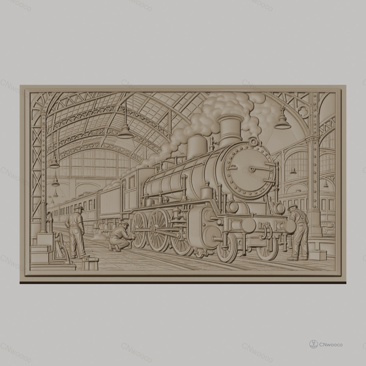 Fichier CNC & impression 3D locomotive à vapeur, gare vintage avec ouvriers, haute qualité relief STL