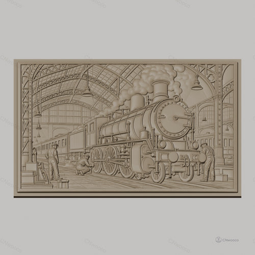 Fichier CNC & impression 3D locomotive à vapeur, gare vintage avec ouvriers, haute qualité relief STL