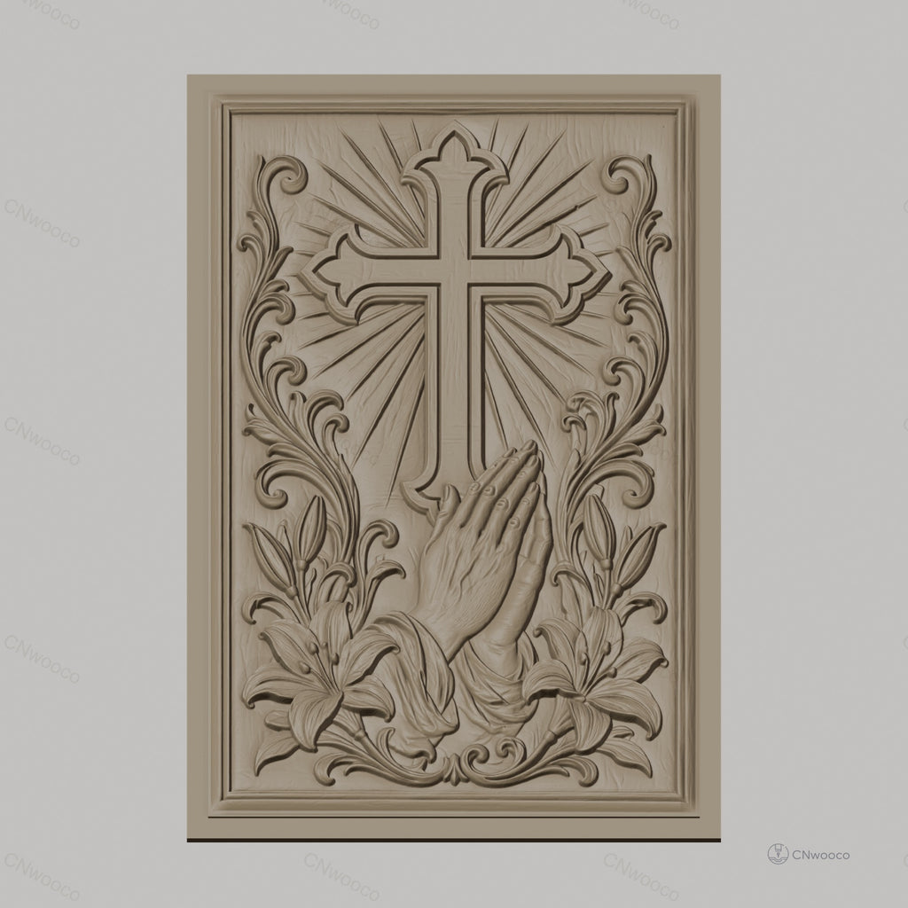 Fichier CNC & impression 3D religieuse, croix, mains en prière, lys, haute qualité relief STL