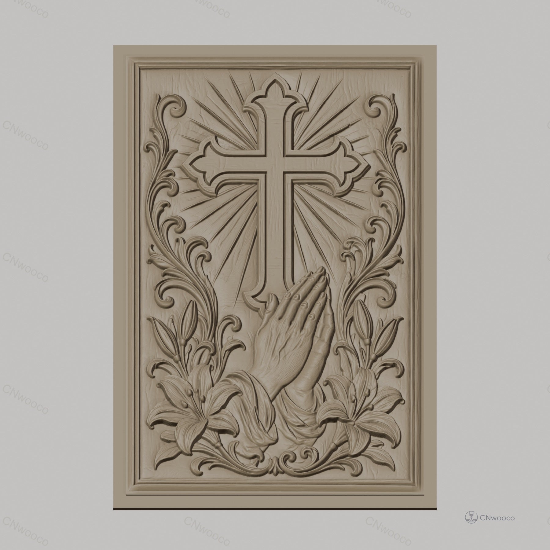 Fichier CNC & impression 3D religieuse, croix, mains en prière, lys, haute qualité relief STL