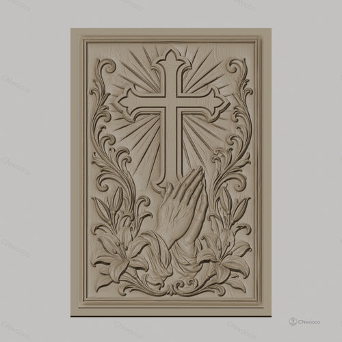 Fichier CNC & impression 3D religieuse, croix, mains en prière, lys, haute qualité relief STL