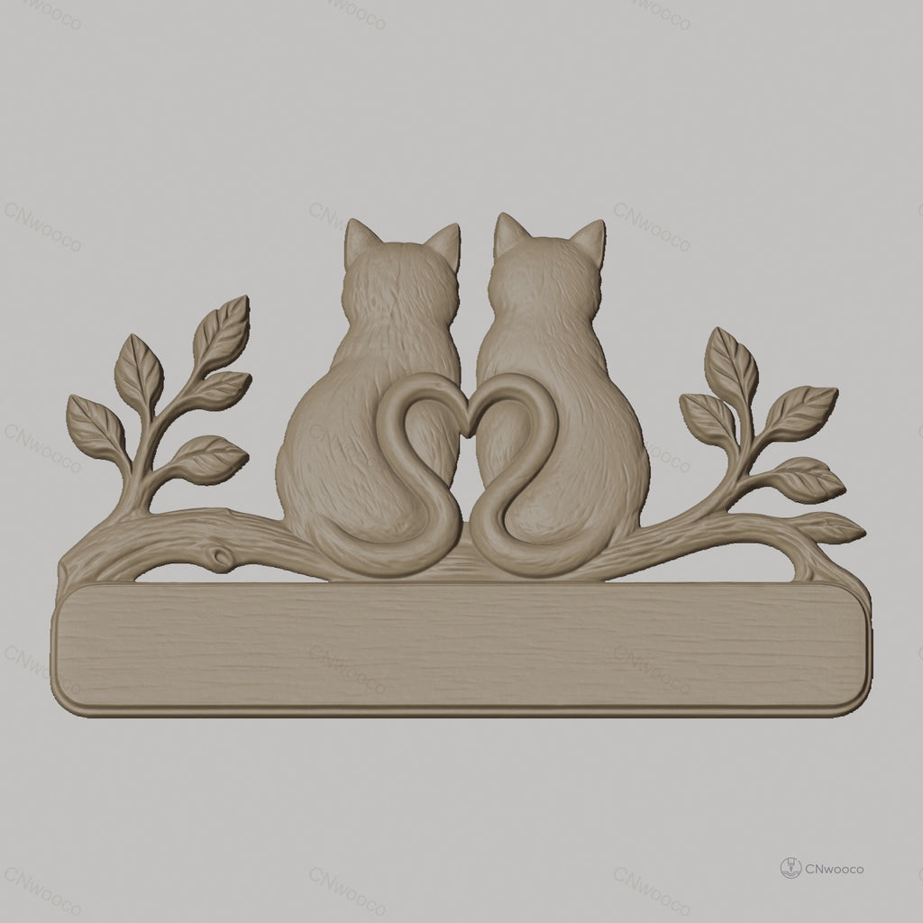 Fichier CNC & impression 3D support décoration chat amoureux, cœur et branche, STL très haute qualité