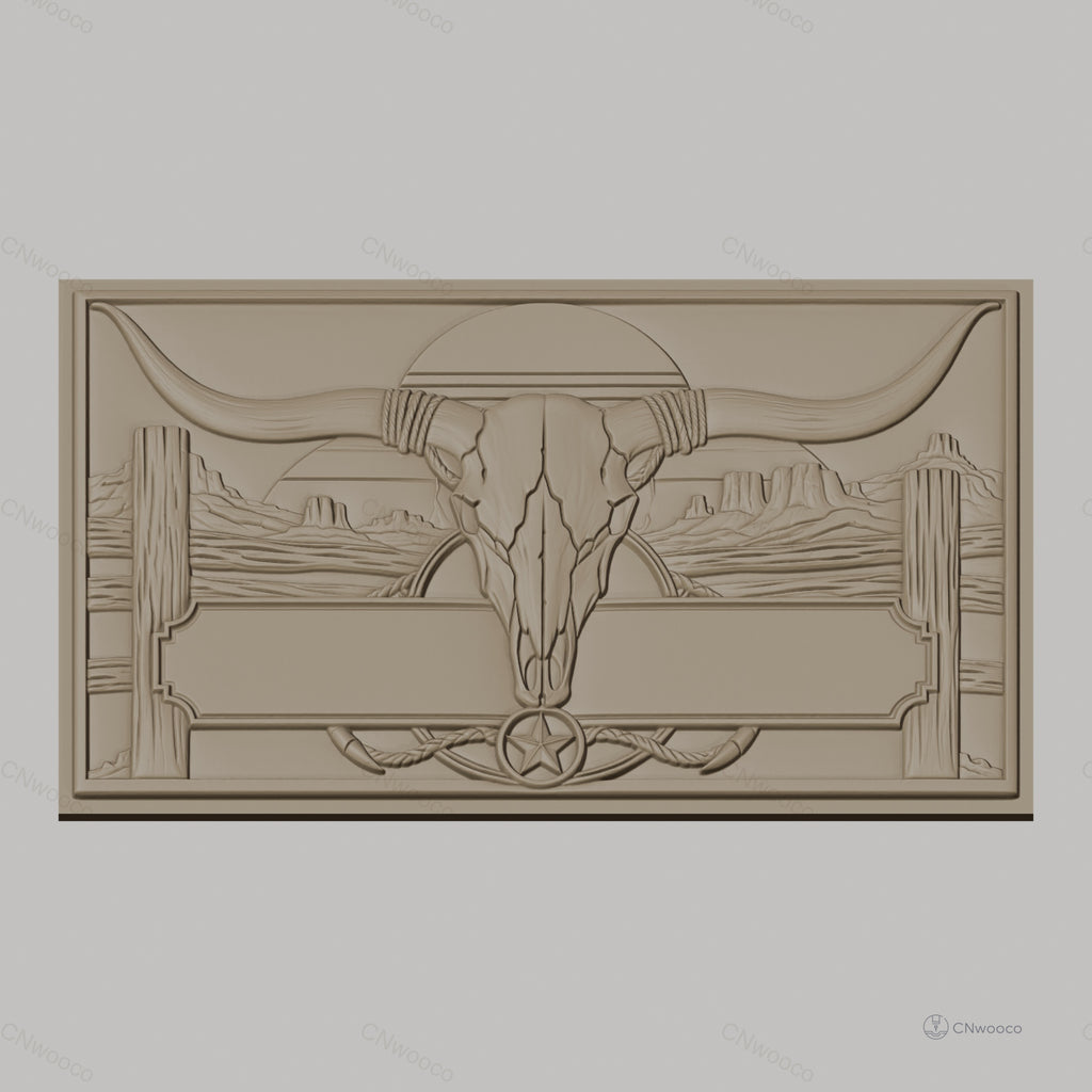 Fichier CNC & impression 3D décoration western, crâne de taureau et paysage désertique, haute qualité relief STL
