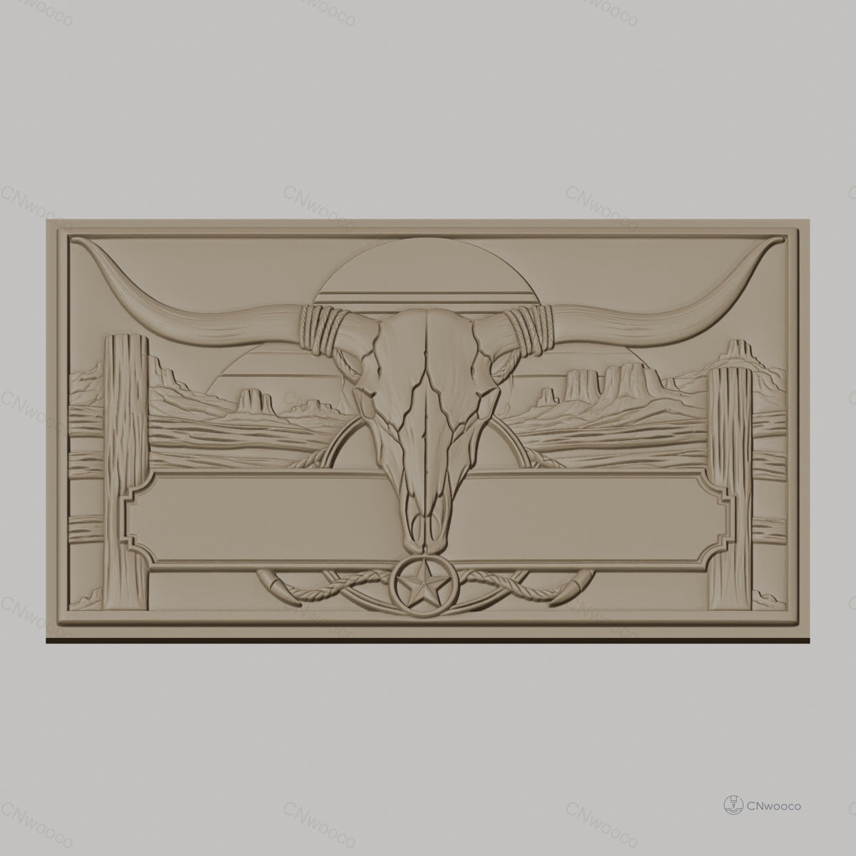 Fichier CNC & impression 3D décoration western, crâne de taureau et paysage désertique, haute qualité relief STL