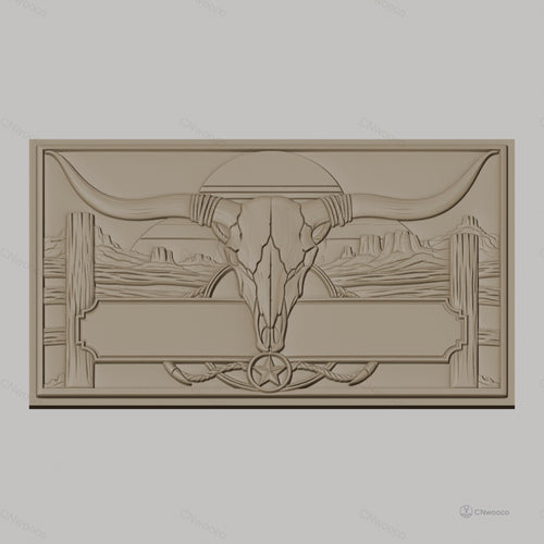 Fichier CNC & impression 3D décoration western, crâne de taureau et paysage désertique, haute qualité relief STL