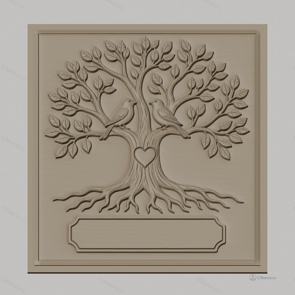 Fichier CNC & impression 3D arbre de l'amour, oiseaux sur branches avec cœur, haute qualité relief STL