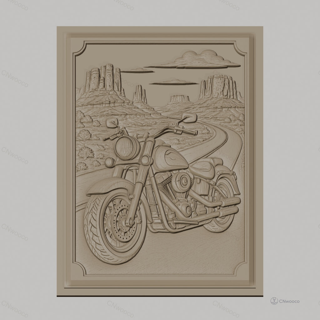 Fichier CNC & impression 3D moto cruiser, route désertique avec buttes et nuages, haute qualité relief STL