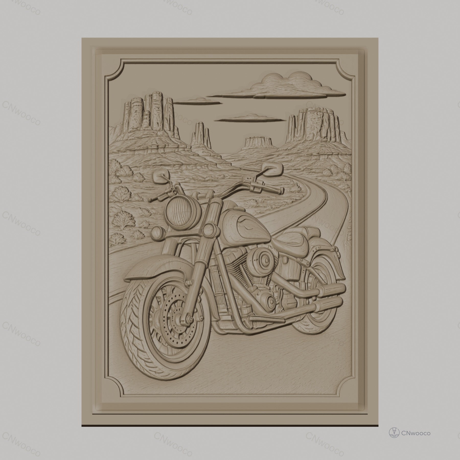 Fichier CNC & impression 3D moto cruiser, route désertique avec buttes et nuages, haute qualité relief STL