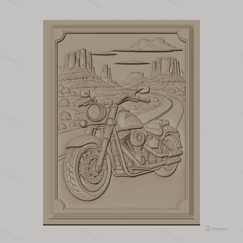 Fichier CNC & impression 3D moto cruiser, route désertique avec buttes et nuages, haute qualité relief STL