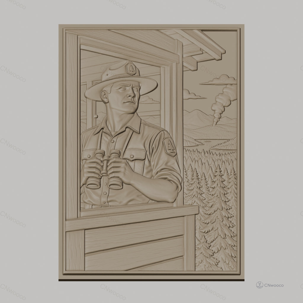 Fichier CNC & impression 3D garde forestier avec jumelles et incendie de forêt relief nature haute qualité relief STL
