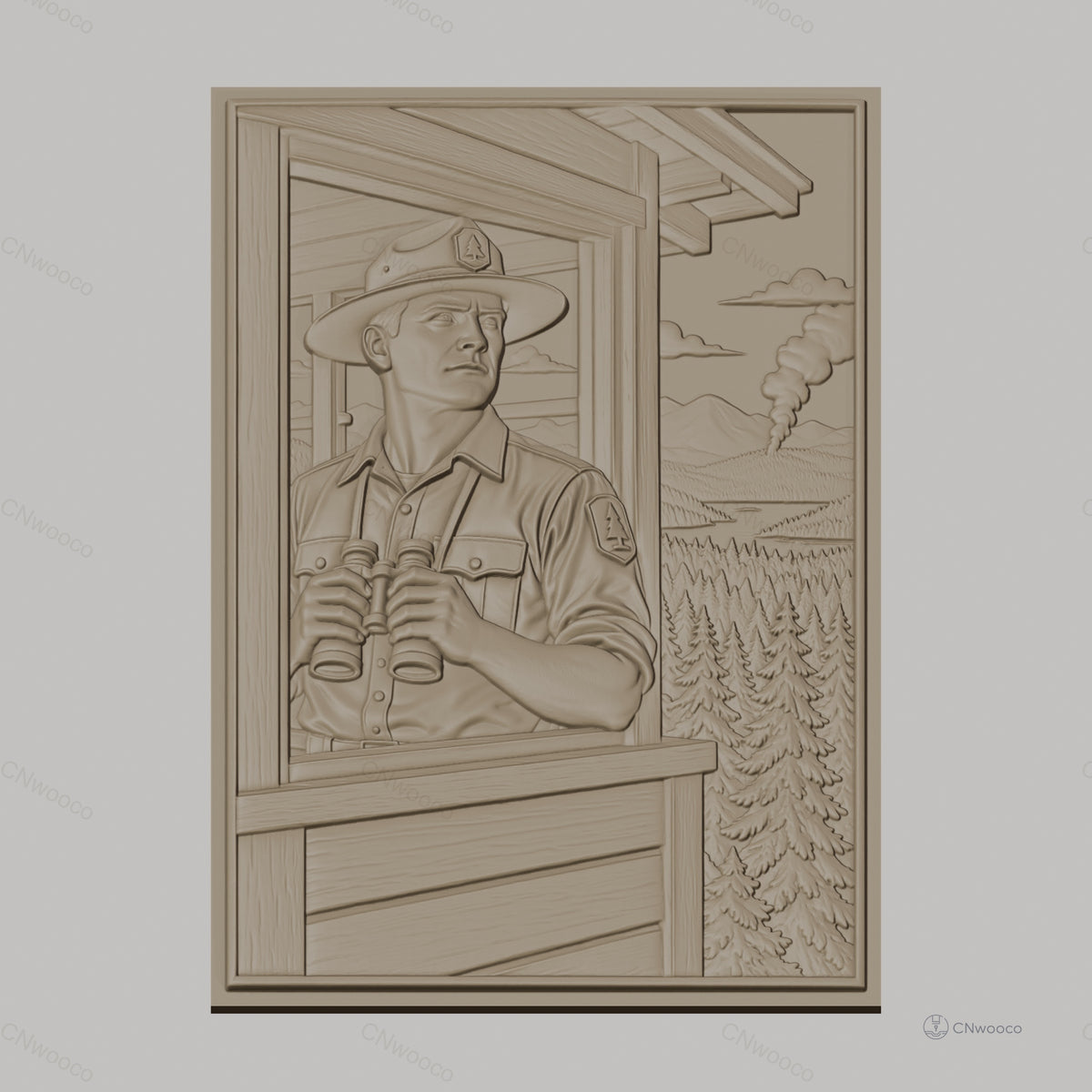 Fichier CNC & impression 3D garde forestier avec jumelles et incendie de forêt relief nature haute qualité relief STL