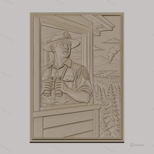 Fichier CNC & impression 3D garde forestier avec jumelles et incendie de forêt relief nature haute qualité relief STL