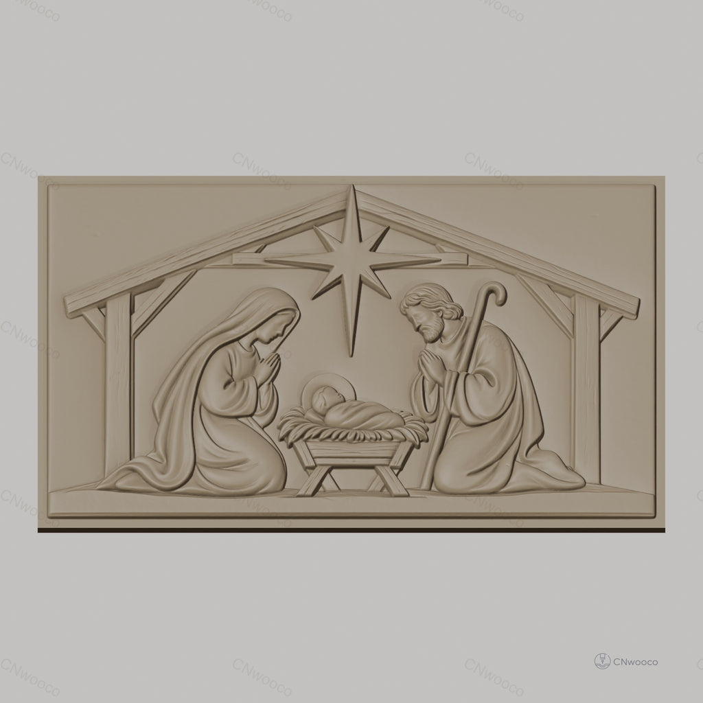 Fichier CNC & impression 3D scène de la Nativité, crèche avec Marie Joseph et bébé Jésus, haute qualité relief STL