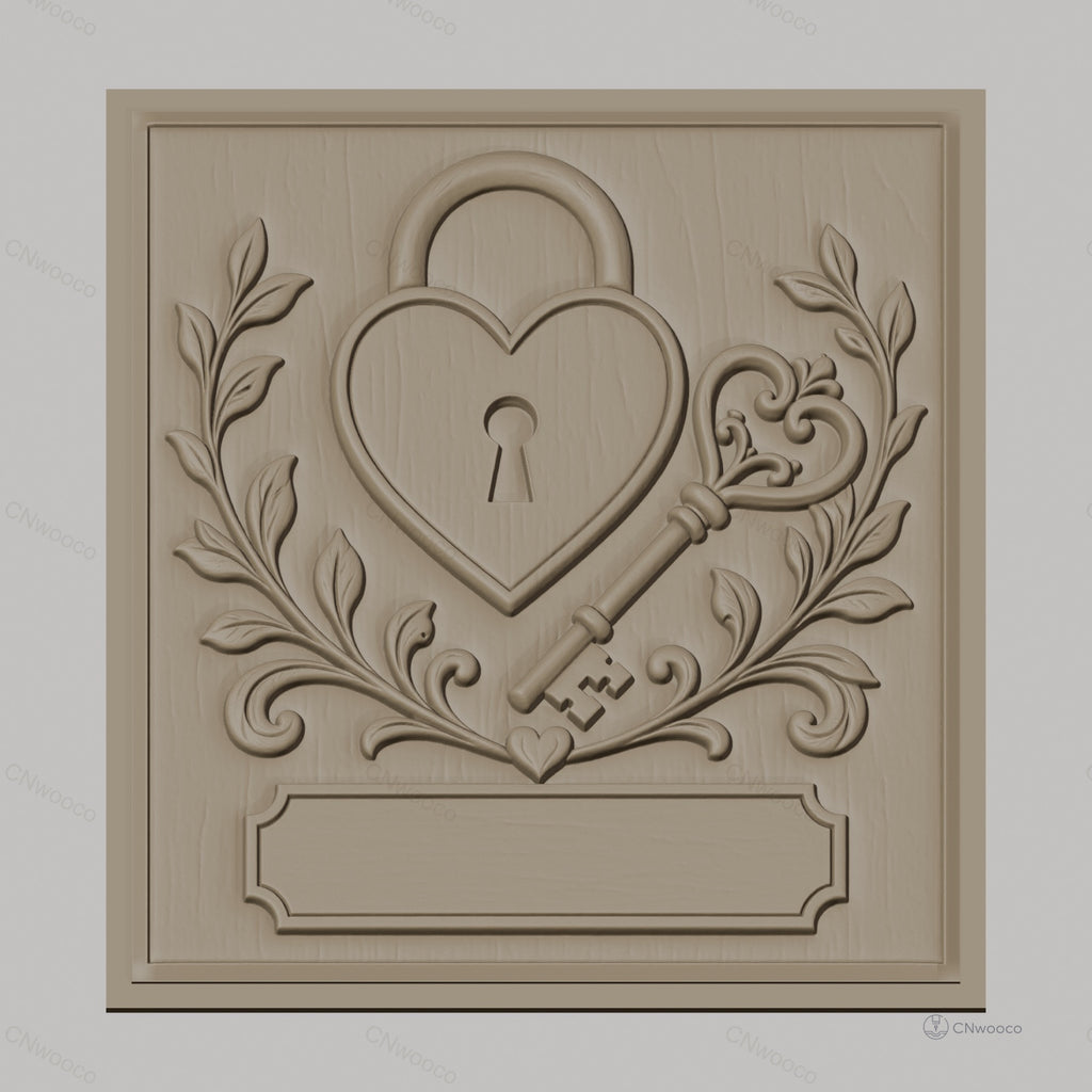 Fichier CNC & impression 3D serrure cœur, clé ornementale et feuillage, haute qualité relief STL
