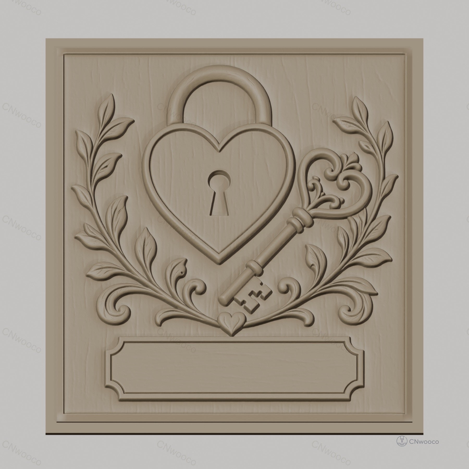 Fichier CNC & impression 3D serrure cœur, clé ornementale et feuillage, haute qualité relief STL