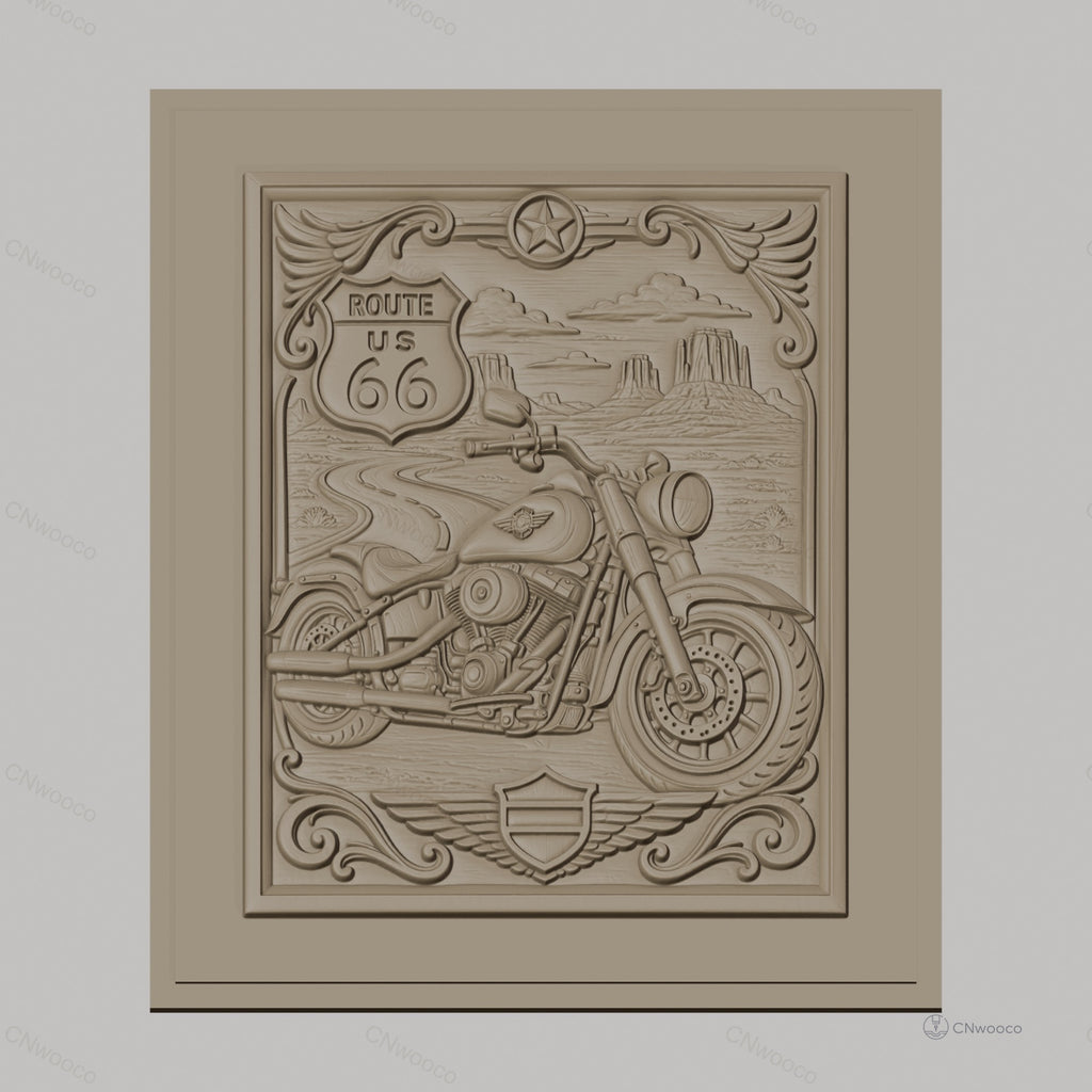 Fichier CNC & impression 3D Route 66 moto, paysage désert relief décoratif, haute qualité relief STL