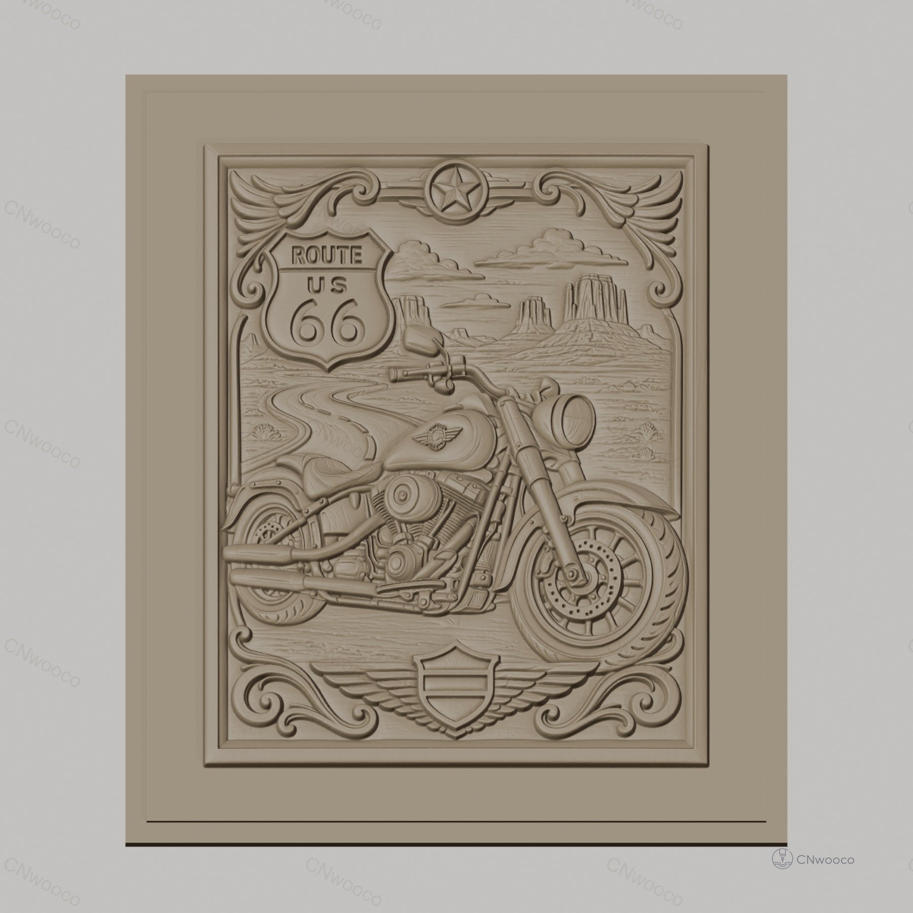 Fichier CNC & impression 3D Route 66 moto, paysage désert relief décoratif, haute qualité relief STL