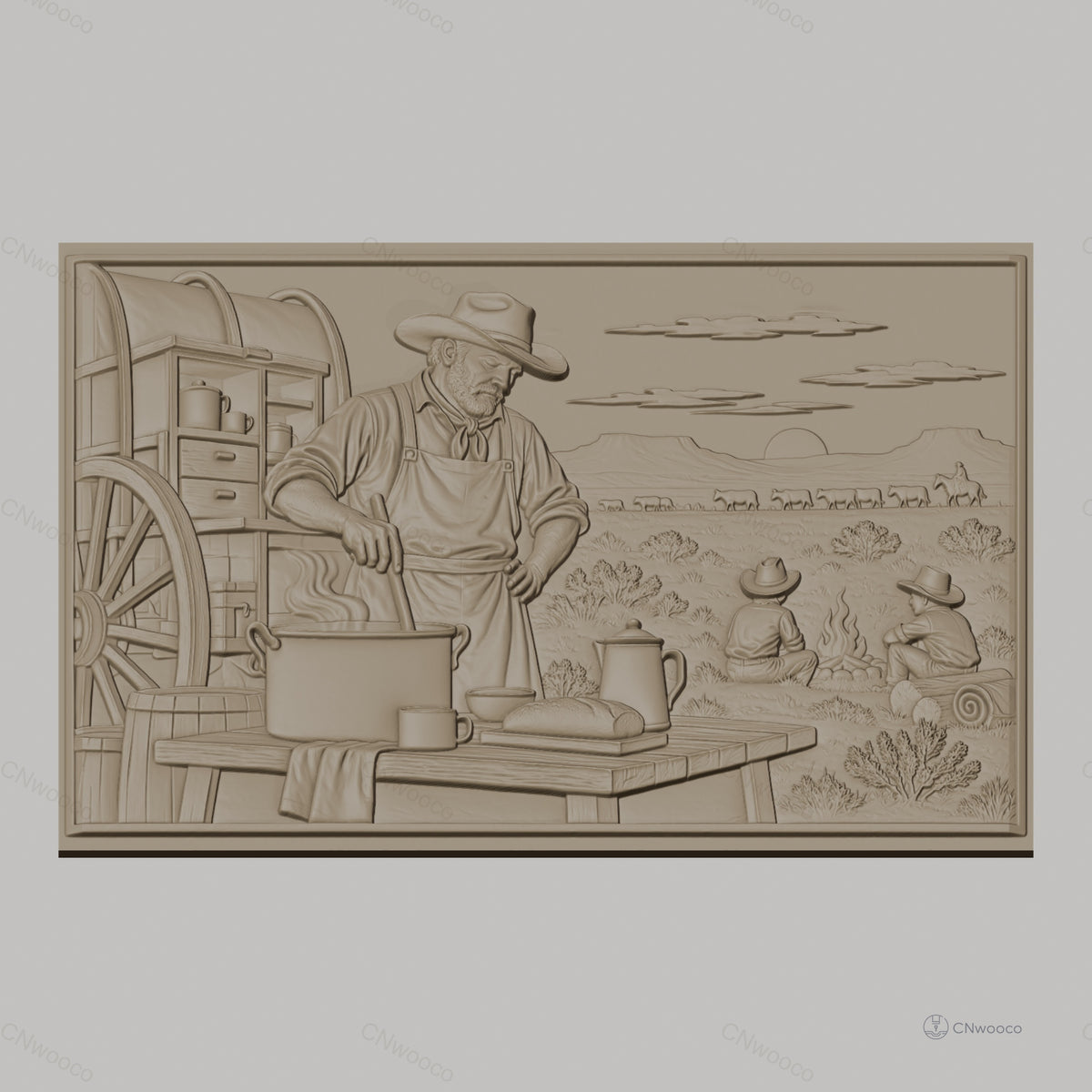 Fichier CNC & impression 3D scène cowboy western, chef cuisinier, feu de camp, charrette couverte, haute qualité relief STL