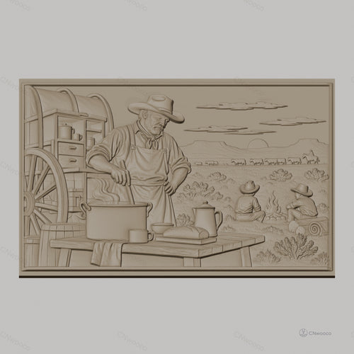 Fichier CNC & impression 3D scène cowboy western, chef cuisinier, feu de camp, charrette couverte, haute qualité relief STL