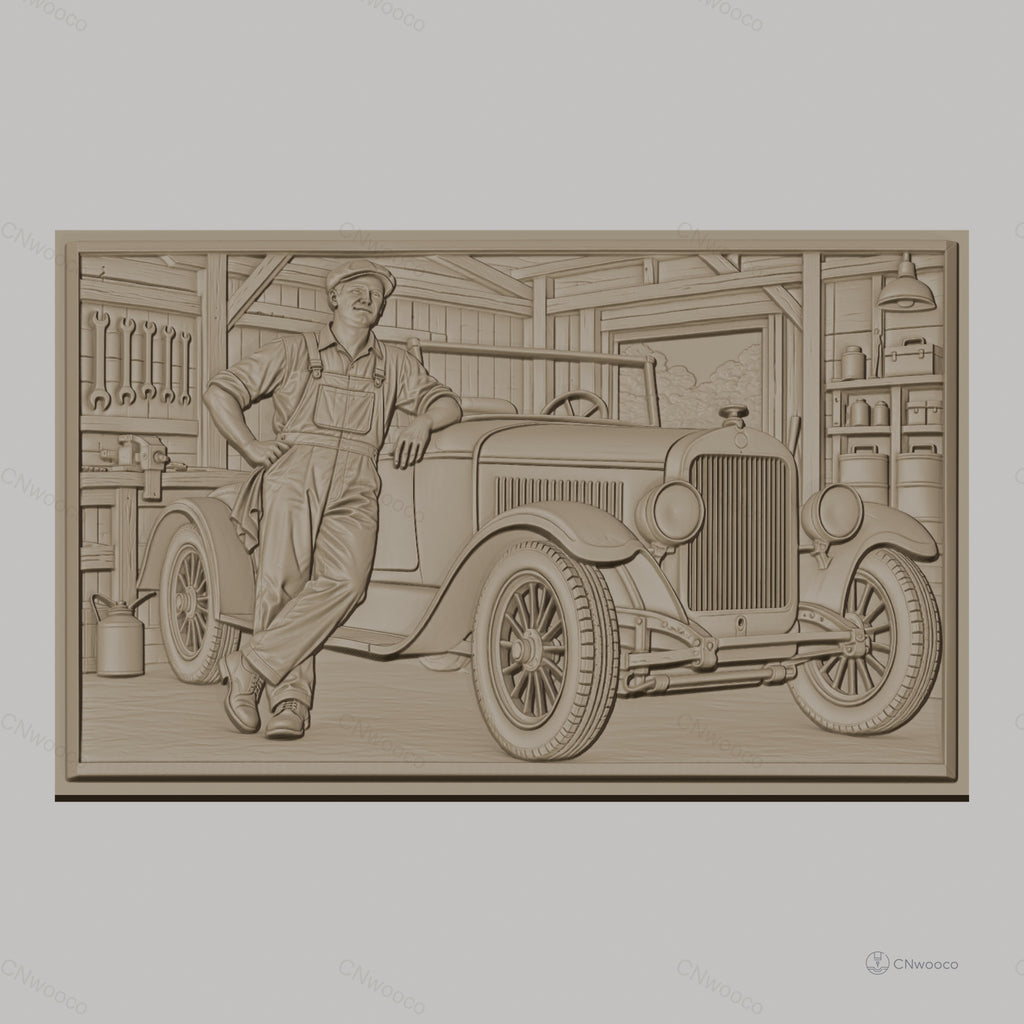 Fichier CNC & impression 3D voiture ancienne et mécanicien dans garage, vitres détaillées, outils muraux, haute qualité relief STL