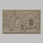 Fichier CNC & impression 3D voiture ancienne et mécanicien dans garage, vitres détaillées, outils muraux, haute qualité relief STL