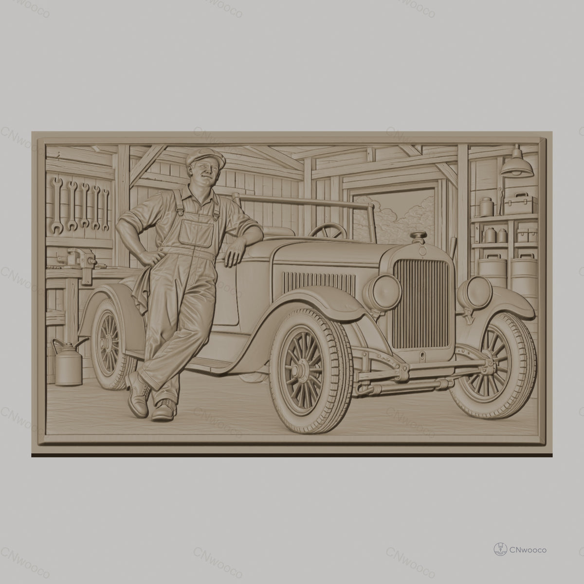 Fichier CNC & impression 3D voiture ancienne et mécanicien dans garage, vitres détaillées, outils muraux, haute qualité relief STL
