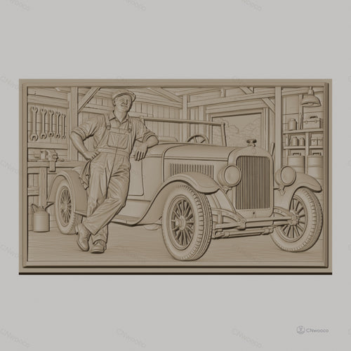 Fichier CNC & impression 3D voiture ancienne et mécanicien dans garage, vitres détaillées, outils muraux, haute qualité relief STL