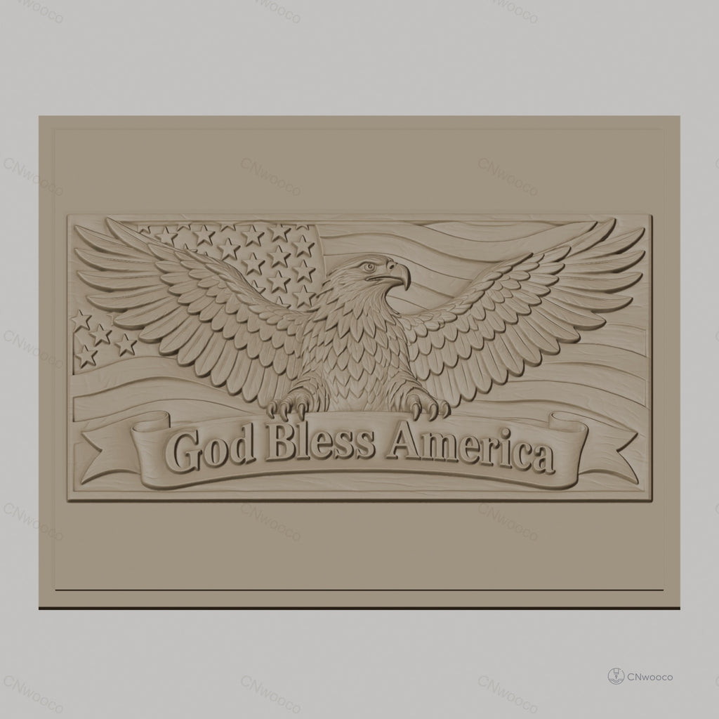 Fichier CNC & impression 3D Aigle américain, drapeau avec étoiles et texte God Bless America, haute qualité relief STL