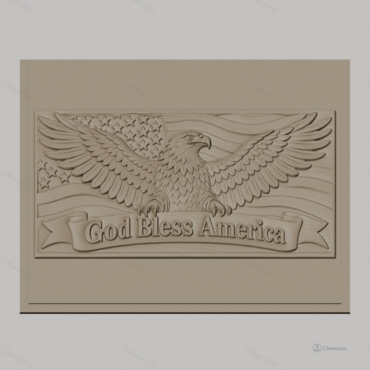 Fichier CNC & impression 3D Aigle américain, drapeau avec étoiles et texte God Bless America, haute qualité relief STL