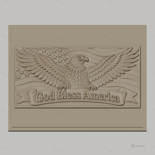 Fichier CNC & impression 3D Aigle américain, drapeau avec étoiles et texte God Bless America, haute qualité relief STL