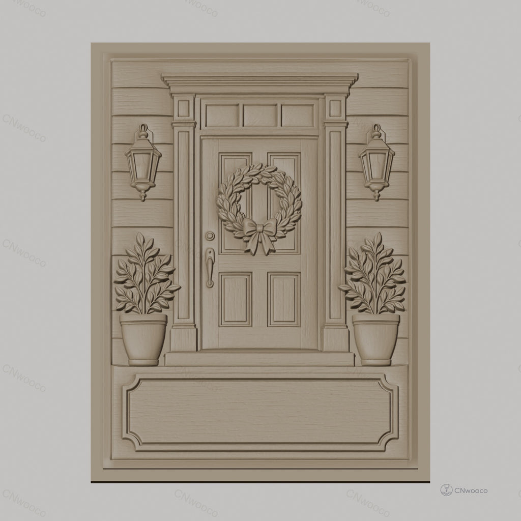 Fichier CNC & impression 3D porte d'entrée avec couronne de feuilles et pots de fleurs, haute qualité relief STL