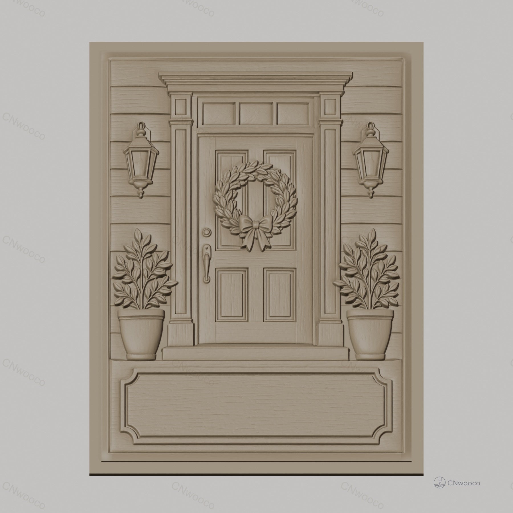 Fichier CNC & impression 3D porte d'entrée avec couronne de feuilles et pots de fleurs, haute qualité relief STL