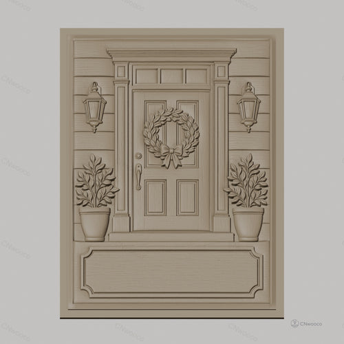 Fichier CNC & impression 3D porte d'entrée avec couronne de feuilles et pots de fleurs, haute qualité relief STL