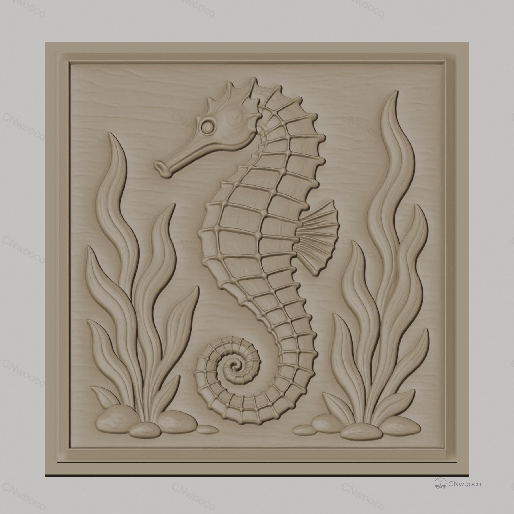 Fichier CNC & impression 3D hippocampe marin, algues et cailloux relief, haute qualité relief STL