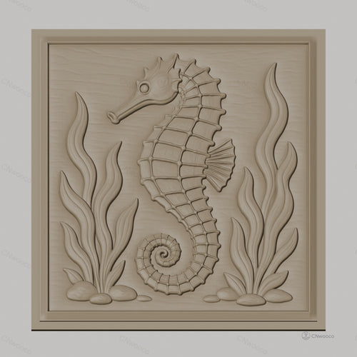 Fichier CNC & impression 3D hippocampe marin, algues et cailloux relief, haute qualité relief STL