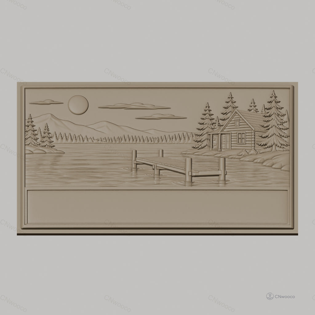 Fichier CNC & impression 3D paysage lac cabane ponton sapins montagne, haute qualité relief STL