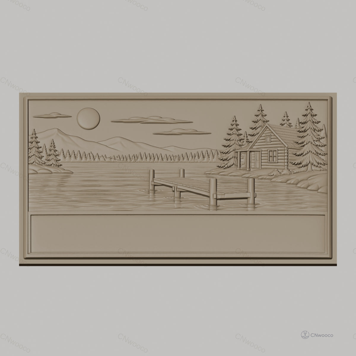 Fichier CNC & impression 3D paysage lac cabane ponton sapins montagne, haute qualité relief STL
