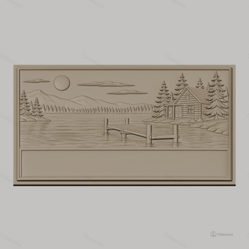 Fichier CNC & impression 3D paysage lac cabane ponton sapins montagne, haute qualité relief STL