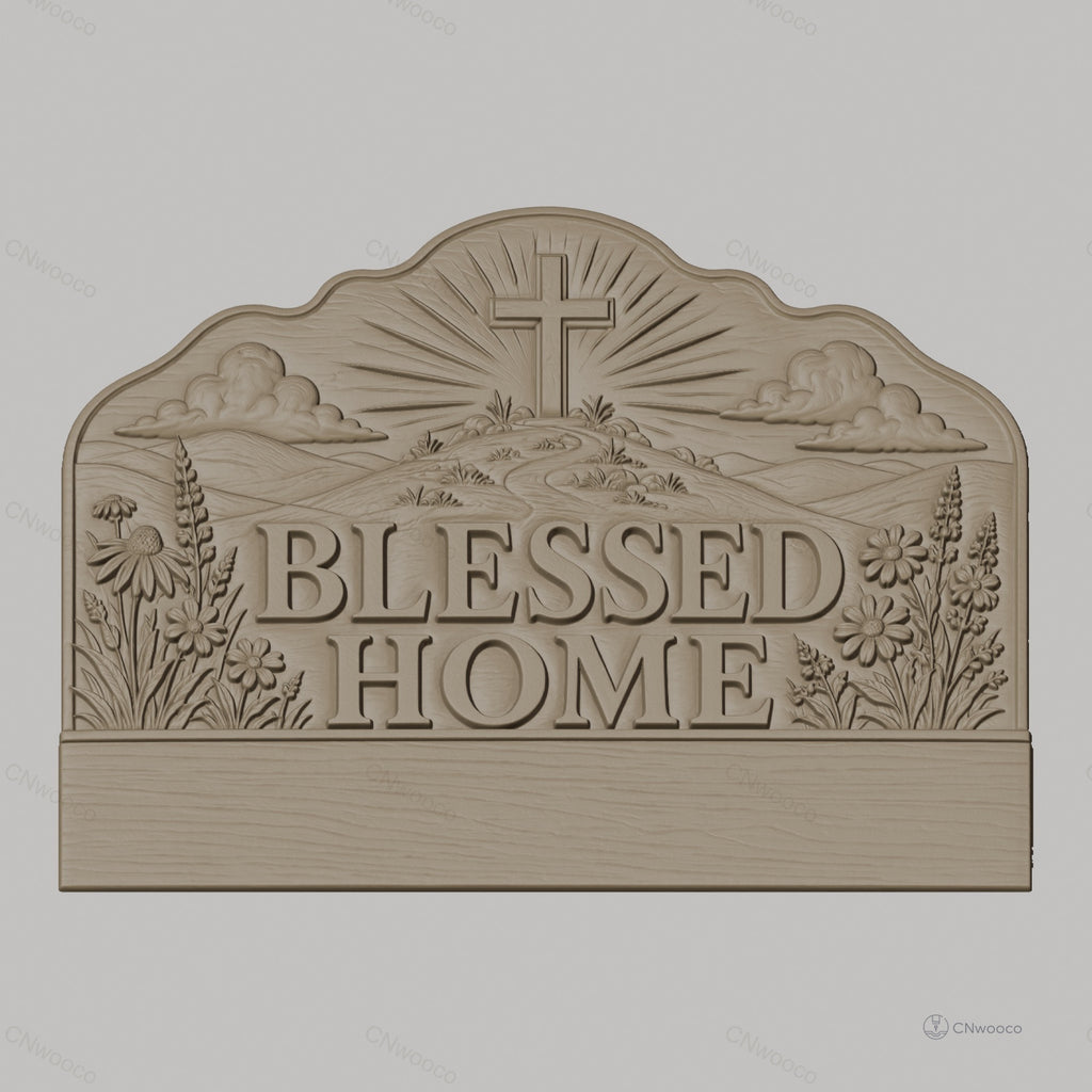 Fichier CNC porte-clés mural plaque murale décorative Blessed Home avec croix et fleurs, STL très haute qualité