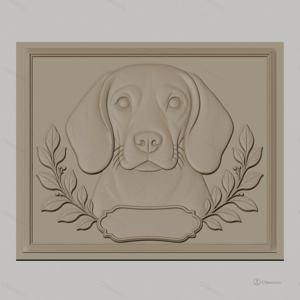 Fichier CNC & impression 3D portrait chien beagle, cadre avec feuilles ornement, haute qualité relief STL
