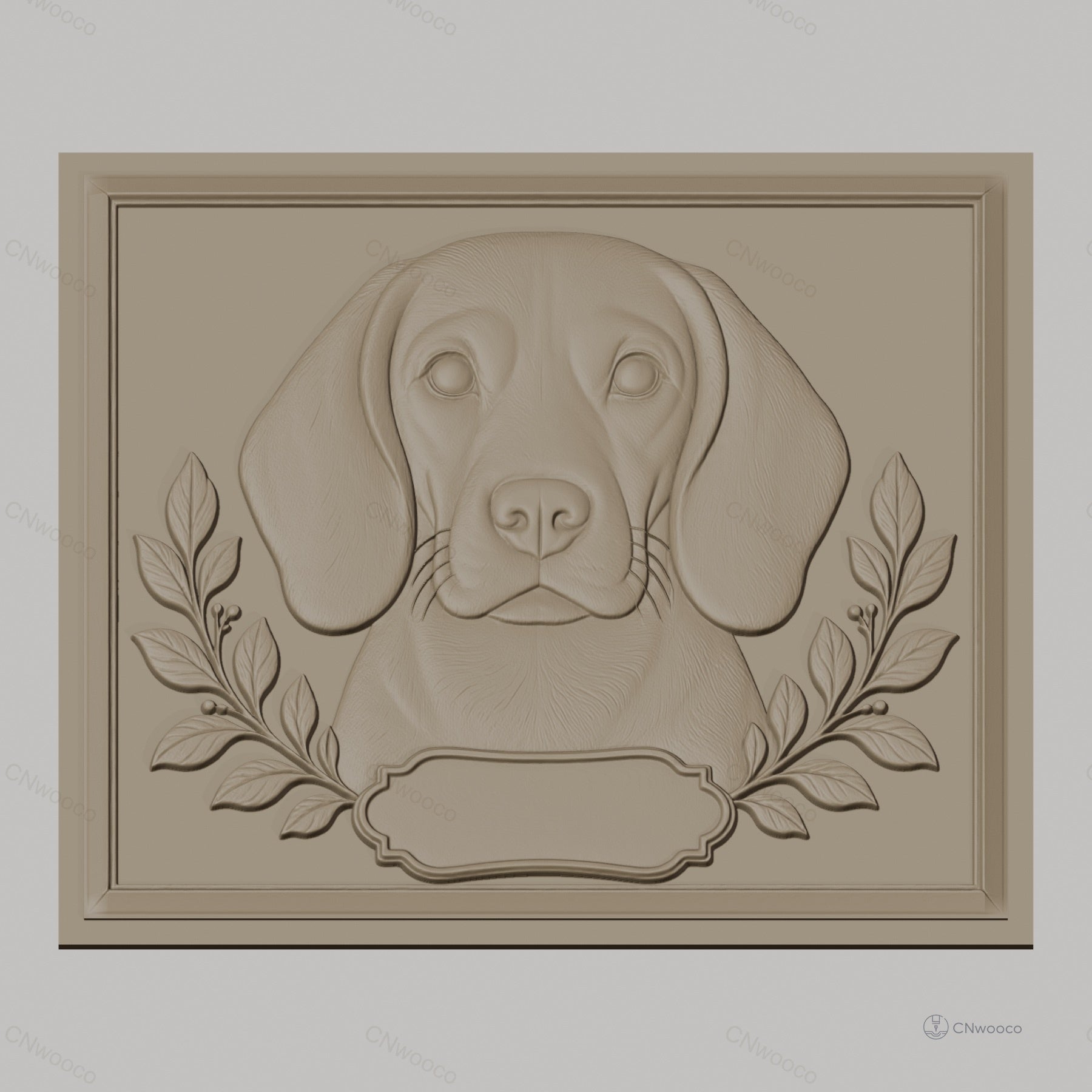 Fichier CNC & impression 3D portrait chien beagle, cadre avec feuilles ornement, haute qualité relief STL