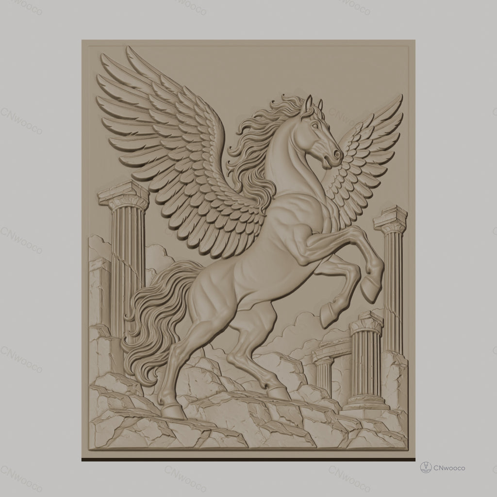 Fichier CNC & impression 3D Pégase légendaire avec colonnes grecques ruines, haute qualité relief STL